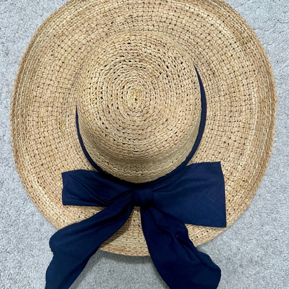 Scala Elegant Tan Straw Hat with Navy Bow